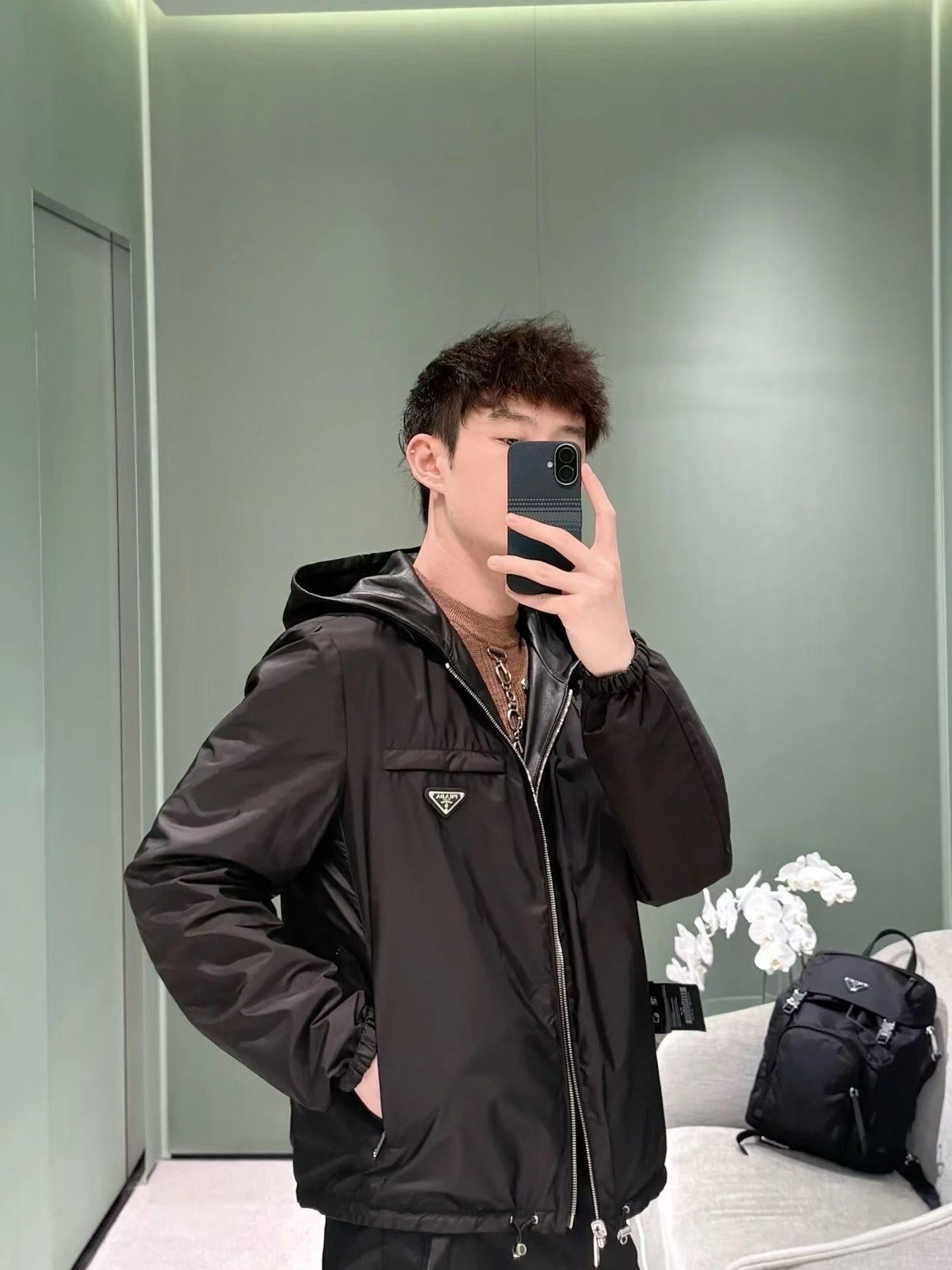 2026 New Triangle Brand Reversible Leather-Nylon Hooded Jacket (25299-D80)