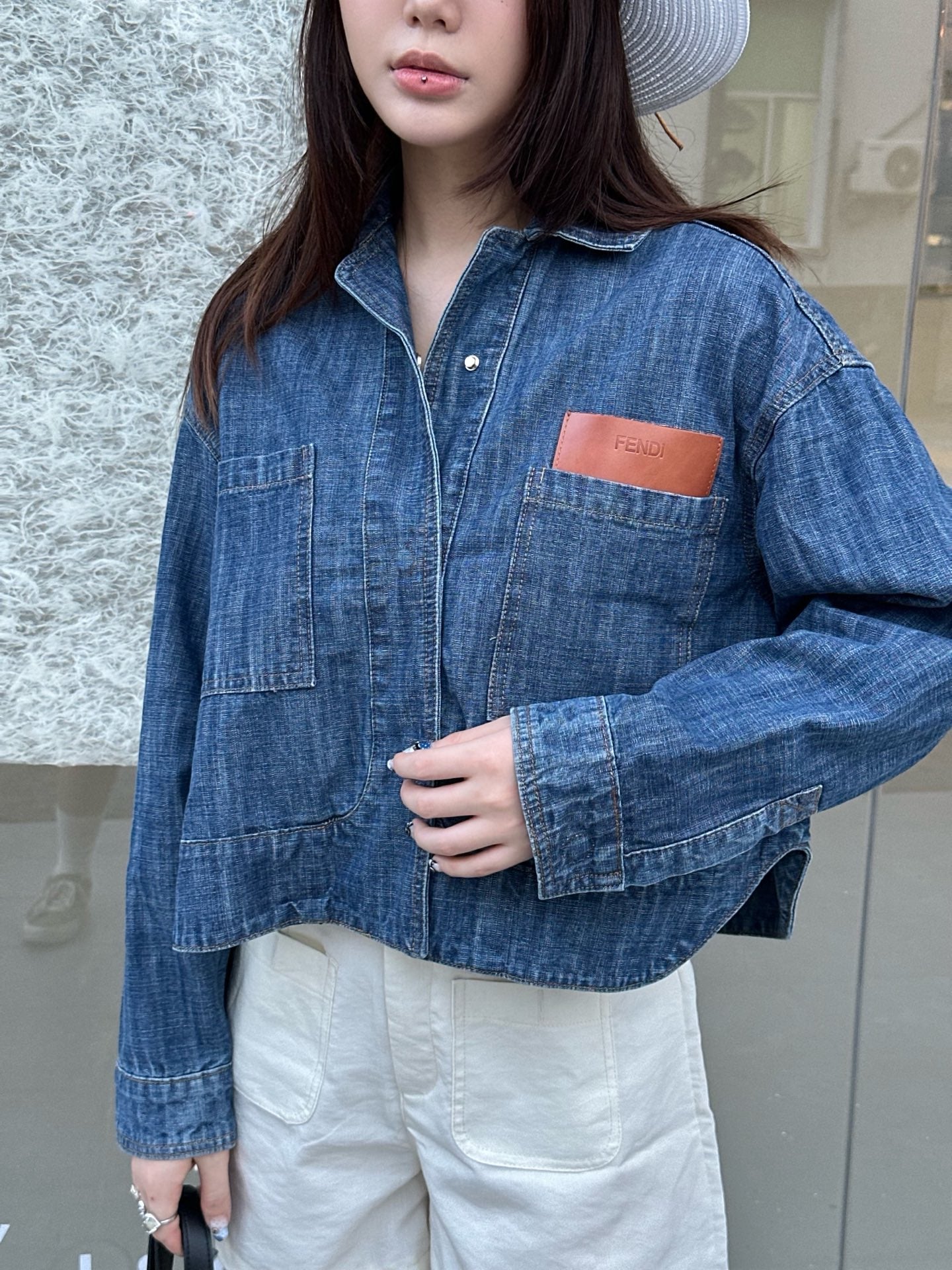 2026 Women's FF Leather Patch Denim Jacket (EE436)
