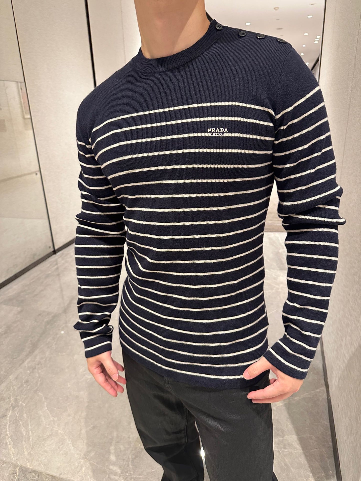 2026 New Triangle Brand Striped Embroidered Button-Side-Opening Jumper (25342-B35)