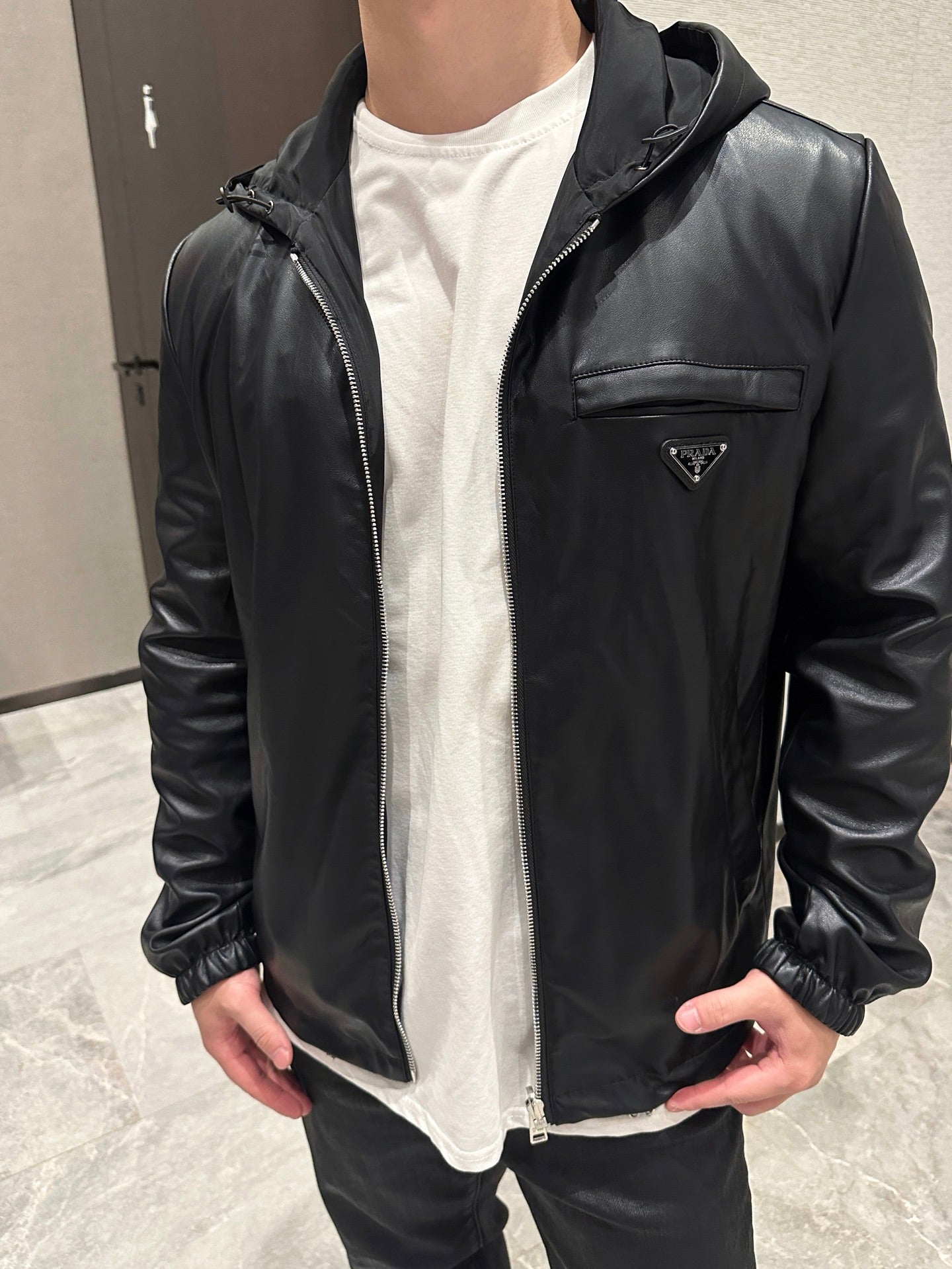 2026 New Triangle Brand Reversible Leather-Nylon Hooded Jacket (25299-D80)