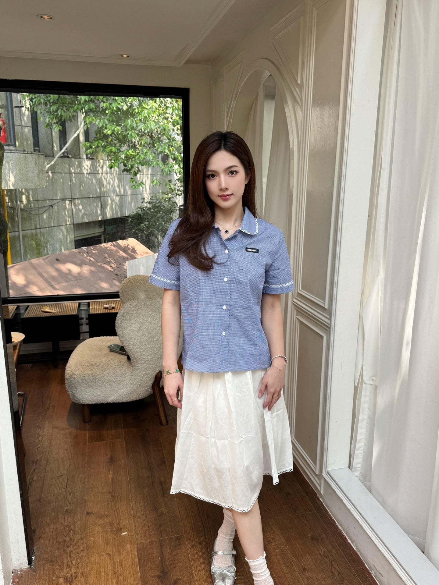 2026 Women’s MM Logo Check Short-Sleeved Shirt (FF723)