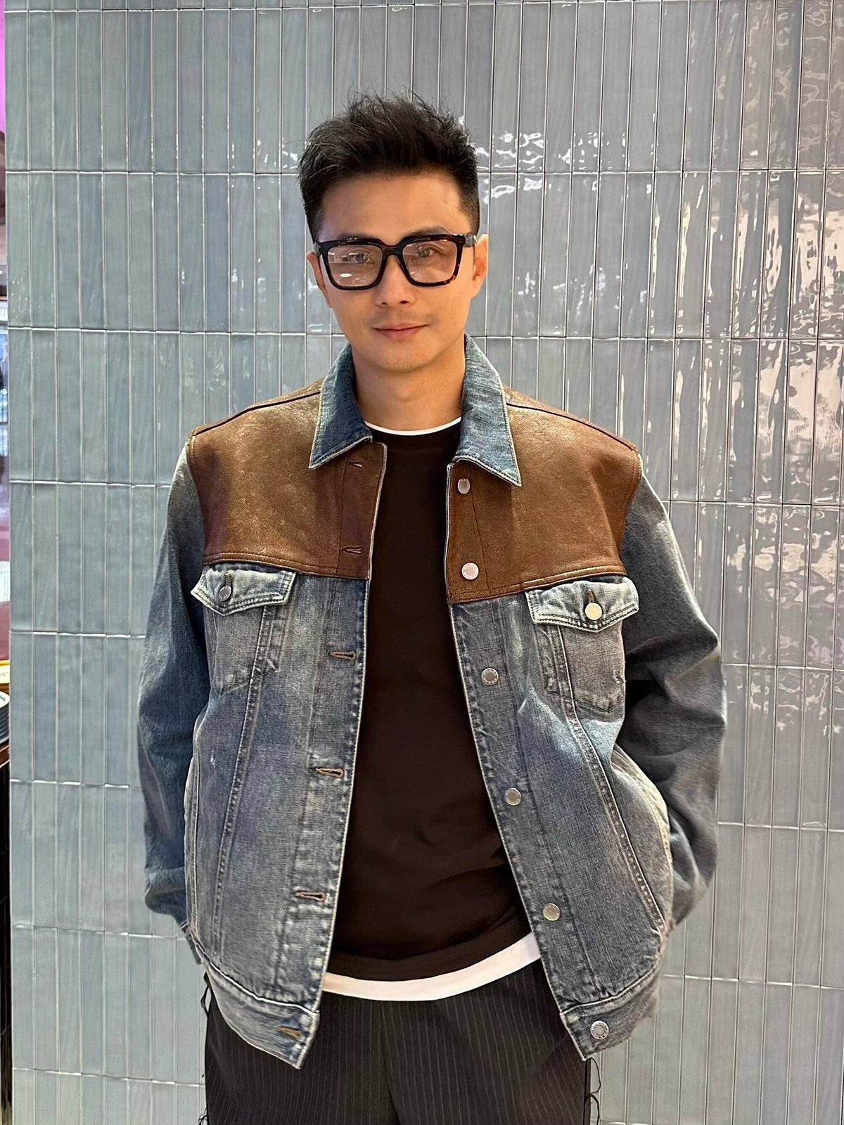 2026 New Model Triangle Brand Leather Denim Jacket (25278-C65)