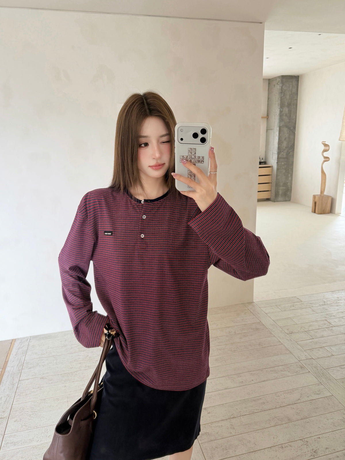 2026 Women's MM Logo Striped Henry Collar Long Sleeve (FF815)