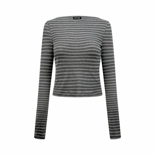 2026 Women's MM Logo Striped Boat-neck Long-Sleeved Shirt (FF827)