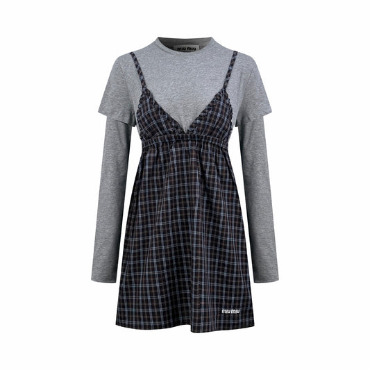 2026 Women's MM Logo Checkered Long-Sleeved Dress (FF848)